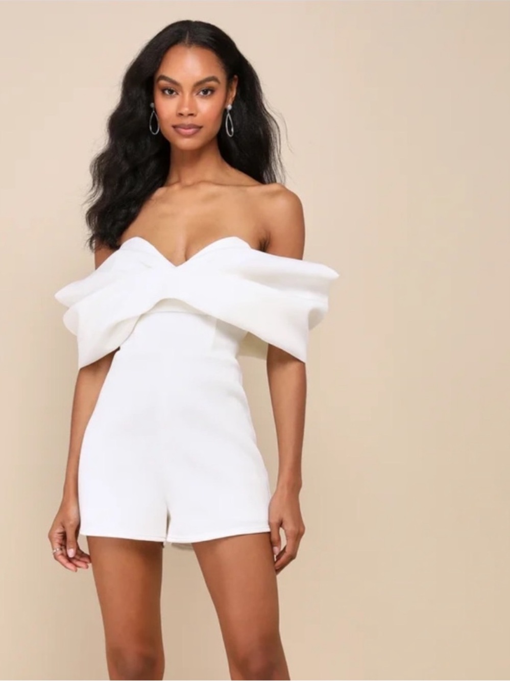 Lulu's White Luxe Drama Off-Shoulder Scuba Knit Bow Romper